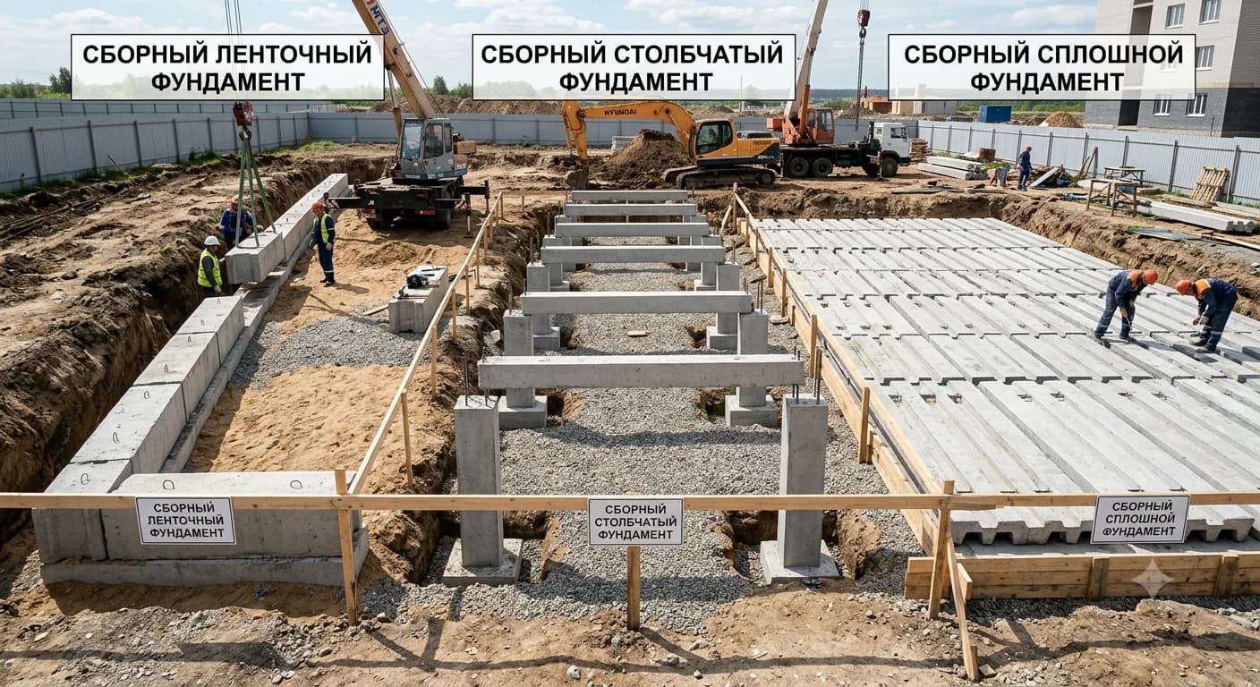 Сборные фундаменты: ленточный, столбчатый, сплошной
