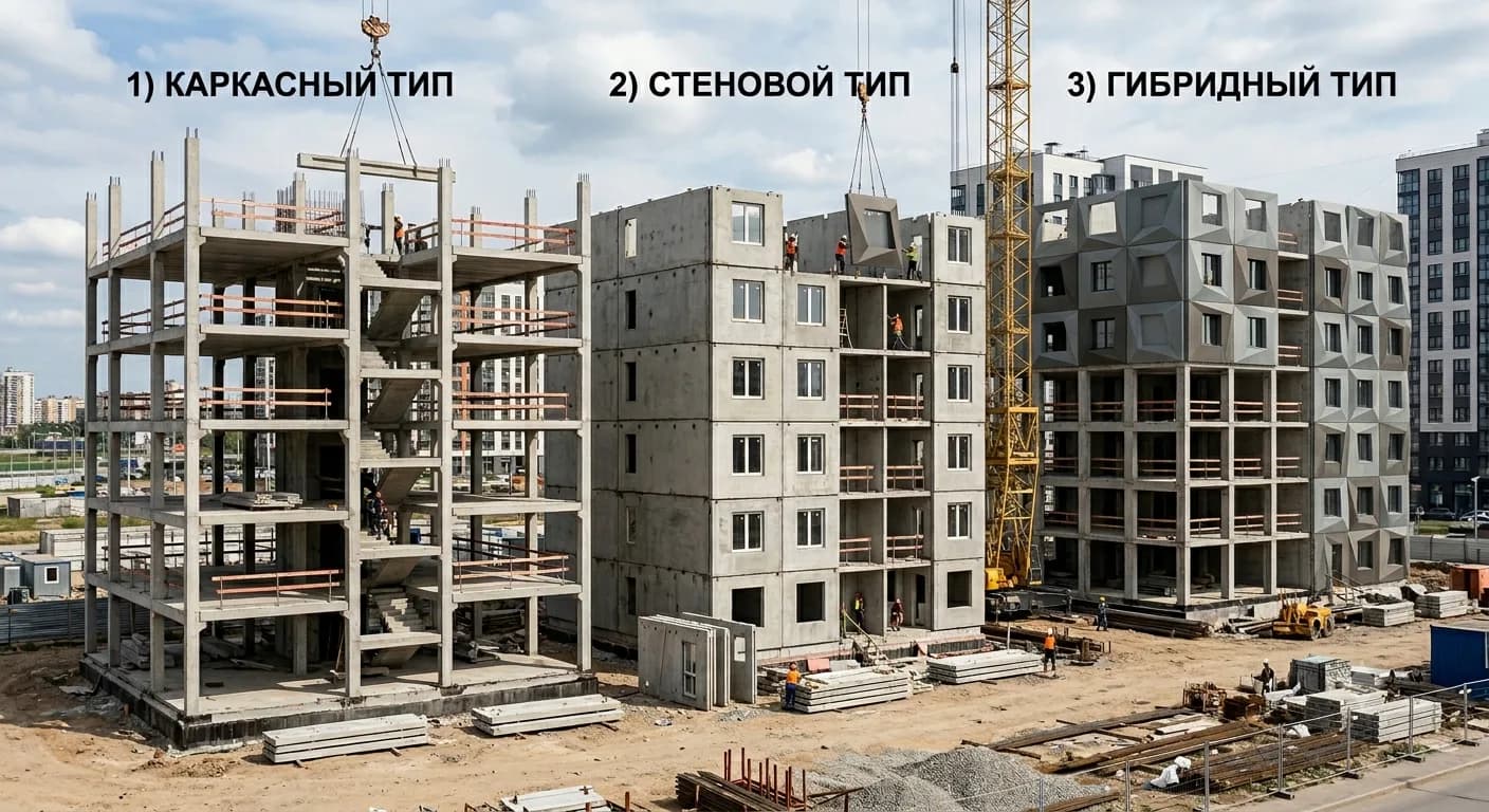 Три конструктивных типа: каркасный, стеновой, гибридный